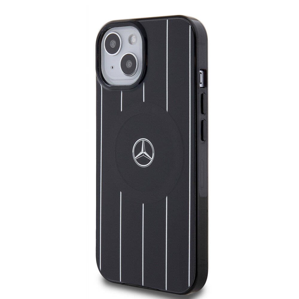 Apple iPhone 15 Kılıf Mercedes Benz Orjinal Lisanslı M-safe Şarj Özellikli Çift Katmanlı Paralel Çizgi Desenli Kapak Siyah