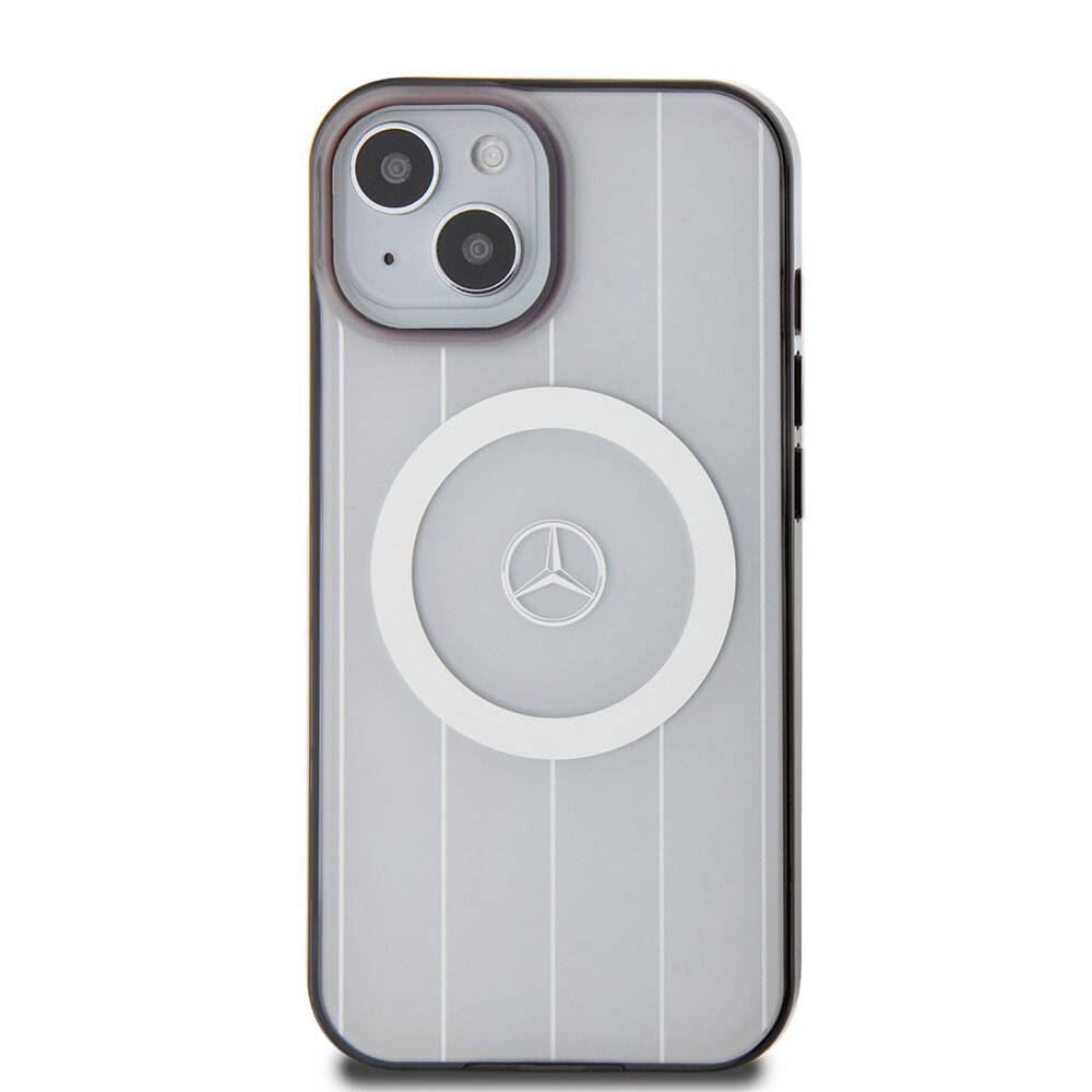 Apple iPhone 15 Kılıf Mercedes Benz Orjinal Lisanslı M-safe Şarj Özellikli Çift Katmanlı Paralel Çizgi Desenli Kapak Beyaz