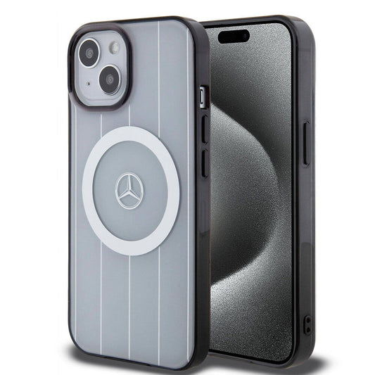 Apple iPhone 15 Kılıf Mercedes Benz Orjinal Lisanslı M-safe Şarj Özellikli Çift Katmanlı Paralel Çizgi Desenli Kapak Beyaz