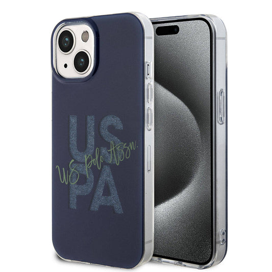 Apple iPhone 15 Kılıf U.S. Polo Assn. Orjinal Lisanslı Simli Parlak Alfabe Tasarım Kapak Lacivert