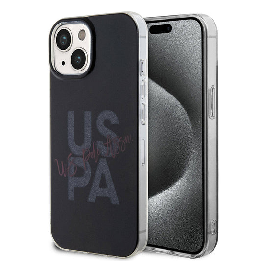 Apple iPhone 15 Kılıf U.S. Polo Assn. Orjinal Lisanslı Simli Parlak Alfabe Tasarım Kapak Siyah