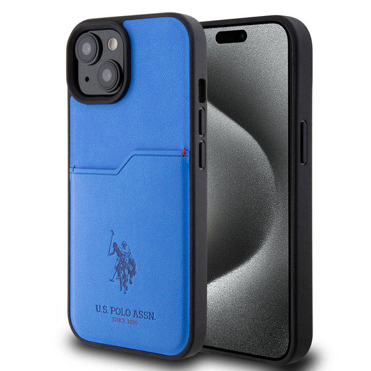 Apple iPhone 15 Kılıf U.S. Polo Assn. Orjinal Lisanslı Baskı Logolu PU Kartlıklı Kapak Mavi