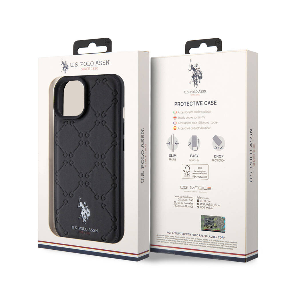 Apple iPhone 15 Kılıf U.S. Polo Assn. Orjinal Lisanslı HS Desenli Baskı Logolu Suni Deri Kapak Siyah