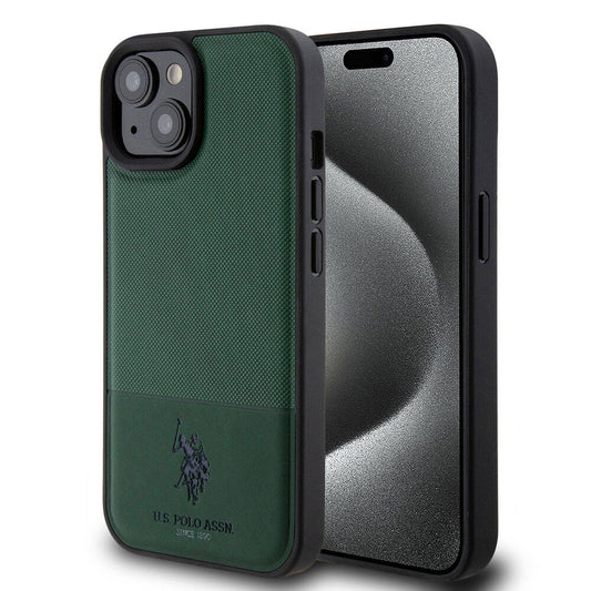 Apple iPhone 15 Kılıf U.S. Polo Assn. Orjinal Lisanslı Suni Deri Arka Yüzey Baskı Logolu Örgü Desenli Kapak Yeşil