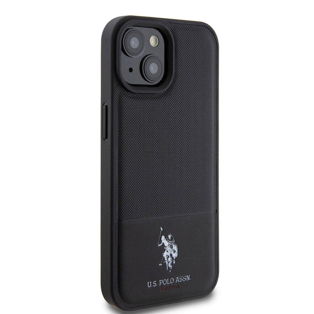 Apple iPhone 15 Kılıf U.S. Polo Assn. Orjinal Lisanslı Suni Deri Arka Yüzey Baskı Logolu Örgü Desenli Kapak Lacivert