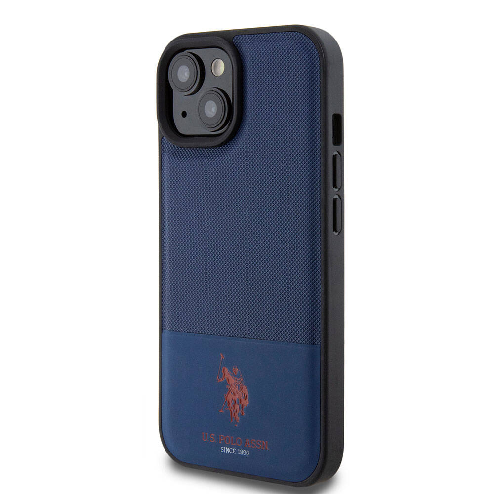 Apple iPhone 15 Kılıf U.S. Polo Assn. Orjinal Lisanslı Suni Deri Arka Yüzey Baskı Logolu Örgü Desenli Kapak Lacivert