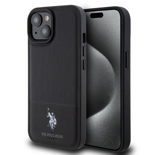 Apple iPhone 15 Kılıf U.S. Polo Assn. Orjinal Lisanslı Suni Deri Arka Yüzey Baskı Logolu Örgü Desenli Kapak Siyah