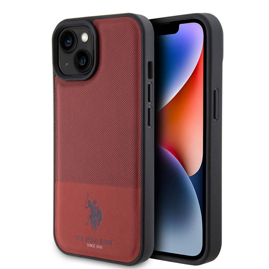 Apple iPhone 15 Kılıf U.S. Polo Assn. Orjinal Lisanslı Suni Deri Arka Yüzey Baskı Logolu Örgü Desenli Kapak Kırmızı