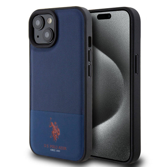 Apple iPhone 15 Kılıf U.S. Polo Assn. Orjinal Lisanslı Suni Deri Arka Yüzey Baskı Logolu Örgü Desenli Kapak Lacivert