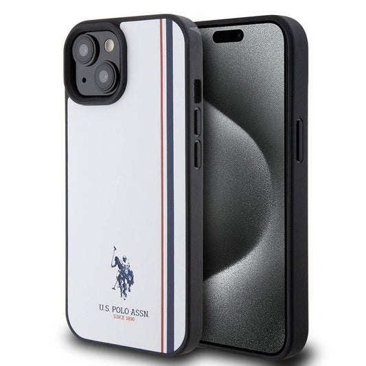 Apple iPhone 15 Kılıf U.S. Polo Assn. Orjinal Lisanslı Üç Renk Şerit Tasarımlı Baskı Logolu Kapak Lacivert