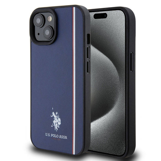 Apple iPhone 15 Kılıf U.S. Polo Assn. Orjinal Lisanslı Üç Renk Şerit Tasarımlı Baskı Logolu Kapak Lacivert
