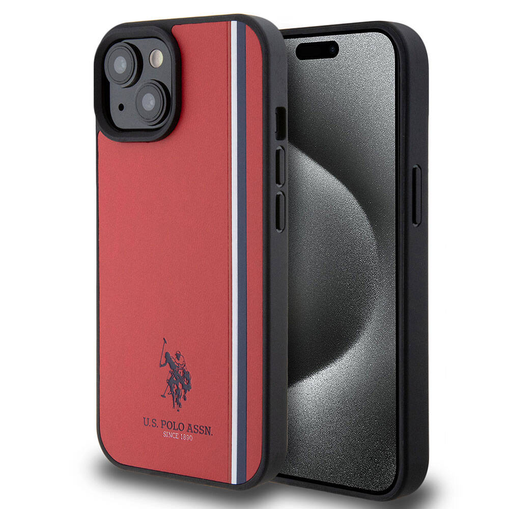 Apple iPhone 15 Kılıf U.S. Polo Assn. Orjinal Lisanslı Üç Renk Şerit Tasarımlı Baskı Logolu Kapak Kırmızı