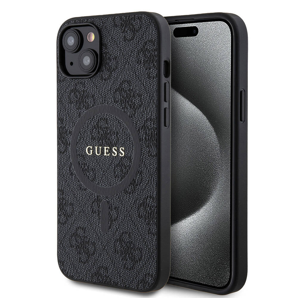 Apple iPhone 15 Plus Guess Orjinal Lisanslı M-safe Şarj Özellikli PU Halkalı 4G Desenli Yazı Logolu Kapak