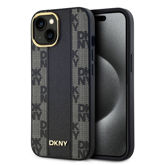 Apple iPhone 15 Plus Kılıf DKNY Orjinal Lisanslı M-safe Şarj Özellikli 3D Yazılı Checkered Pattern Kapak Siyah