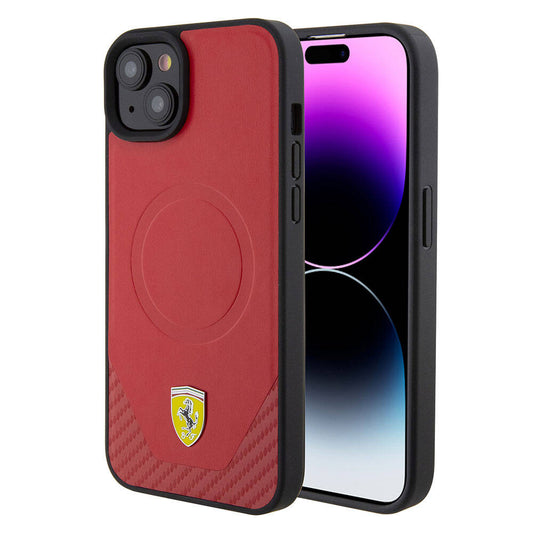 Apple iPhone 15 Plus Kılıf Ferrari Orjinal Lisanslı M-safe Şarj Özellikli Metal Logolu PU Karbon Kapak Kırmızı