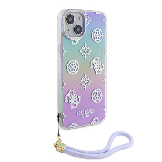 Apple iPhone 15 Plus Kılıf Guess Orjinal Lisanslı Desenli Yazı Logolu Askı İpli Holografik Glitter Peony Kapak Siyah