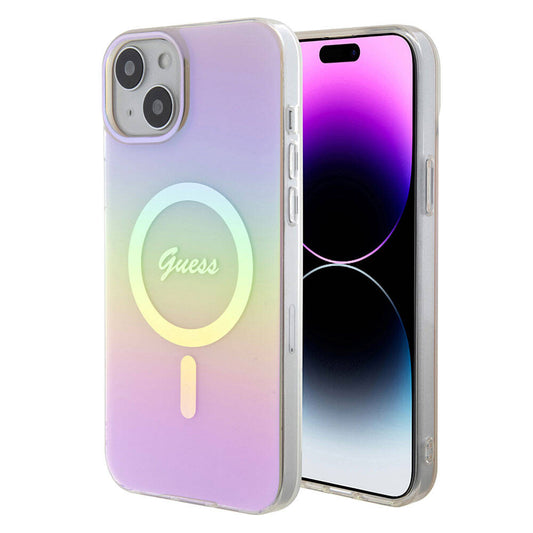 Apple iPhone 15 Plus Kılıf Guess Orjinal Lisanslı M-safe Şarj Özellikli Yazı Logolu Iridescent Kapak Siyah