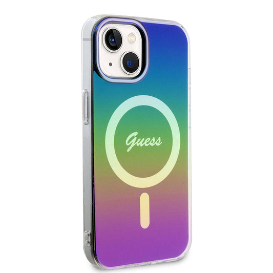 Apple iPhone 15 Plus Kılıf Guess Orjinal Lisanslı M-safe Şarj Özellikli Yazı Logolu Iridescent Kapak Siyah