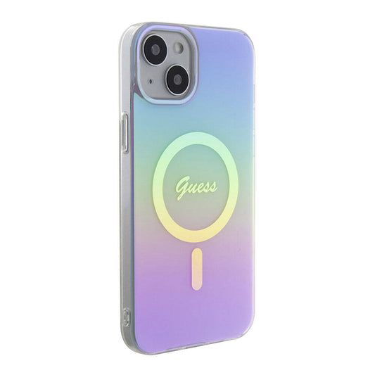 Apple iPhone 15 Plus Kılıf Guess Orjinal Lisanslı M-safe Şarj Özellikli Yazı Logolu Iridescent Kapak Mor