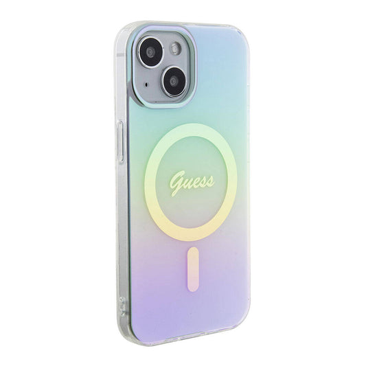 Apple iPhone 15 Plus Kılıf Guess Orjinal Lisanslı M-safe Şarj Özellikli Yazı Logolu Iridescent Kapak Turkuaz