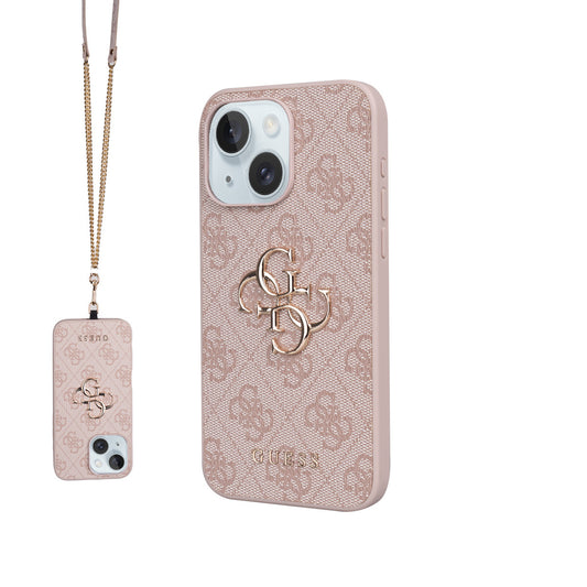 Apple iPhone 15 Plus Kılıf Guess Orjinal Lisanslı PU Deri 4G Büyük Metal Logolu Çapraz Vücut Askılı Kapak Pembe