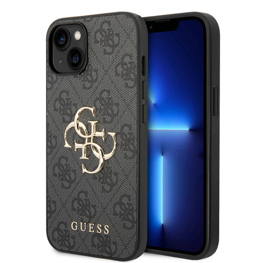 Apple iPhone 15 Plus Kılıf Guess Orjinal Lisanslı PU Deri Yazı ve 4G Metal Logolu Desenli Kapak Gri