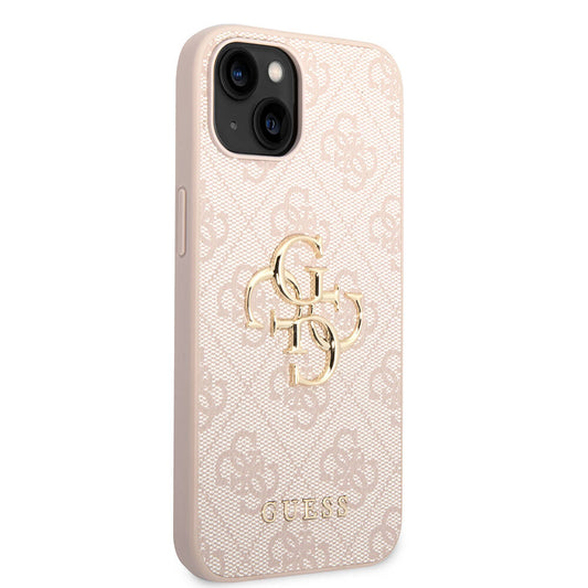 Apple iPhone 15 Plus Kılıf Guess Orjinal Lisanslı PU Deri Yazı ve 4G Metal Logolu Desenli Kapak Pembe