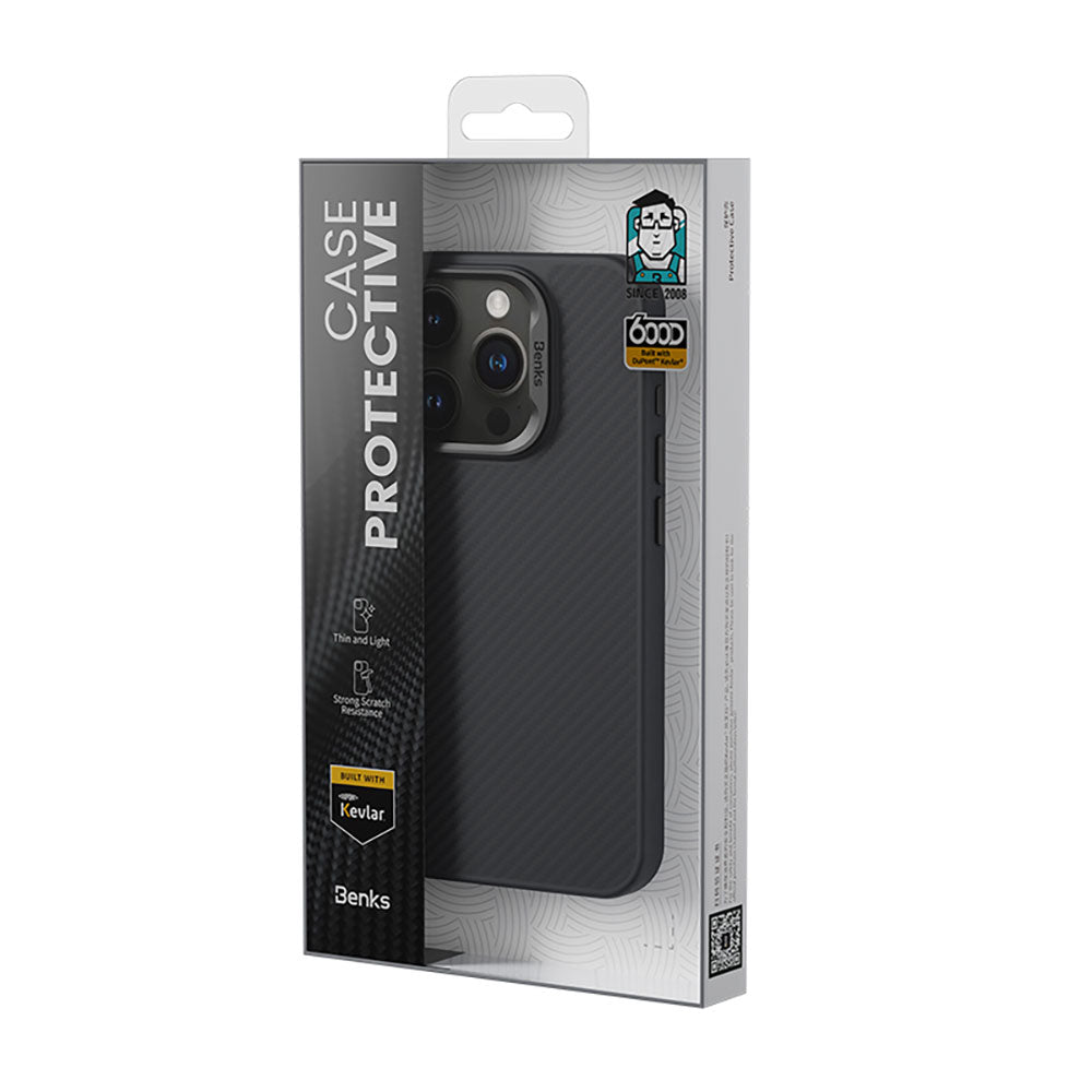 Apple iPhone 15 Plus Kılıf Karbon Fiber M-safe Şarj Özellikli Benks Hybrid ArmorPro 600D Kevlar Kapak Siyah