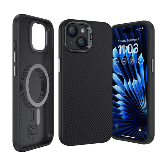 Apple iPhone 15 Plus Kılıf Karbon Fiber M-safe Şarj Özellikli Benks Hybrid ArmorPro 600D Kevlar Kapak Siyah
