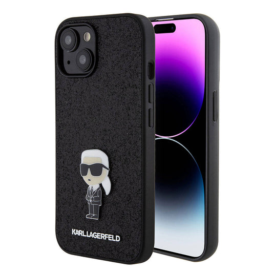 Apple iPhone 15 Plus Kılıf Karl Lagerfeld İkonik Fixed Glitter Metal Logo Orjinal Lisanslı Kapak Siyah