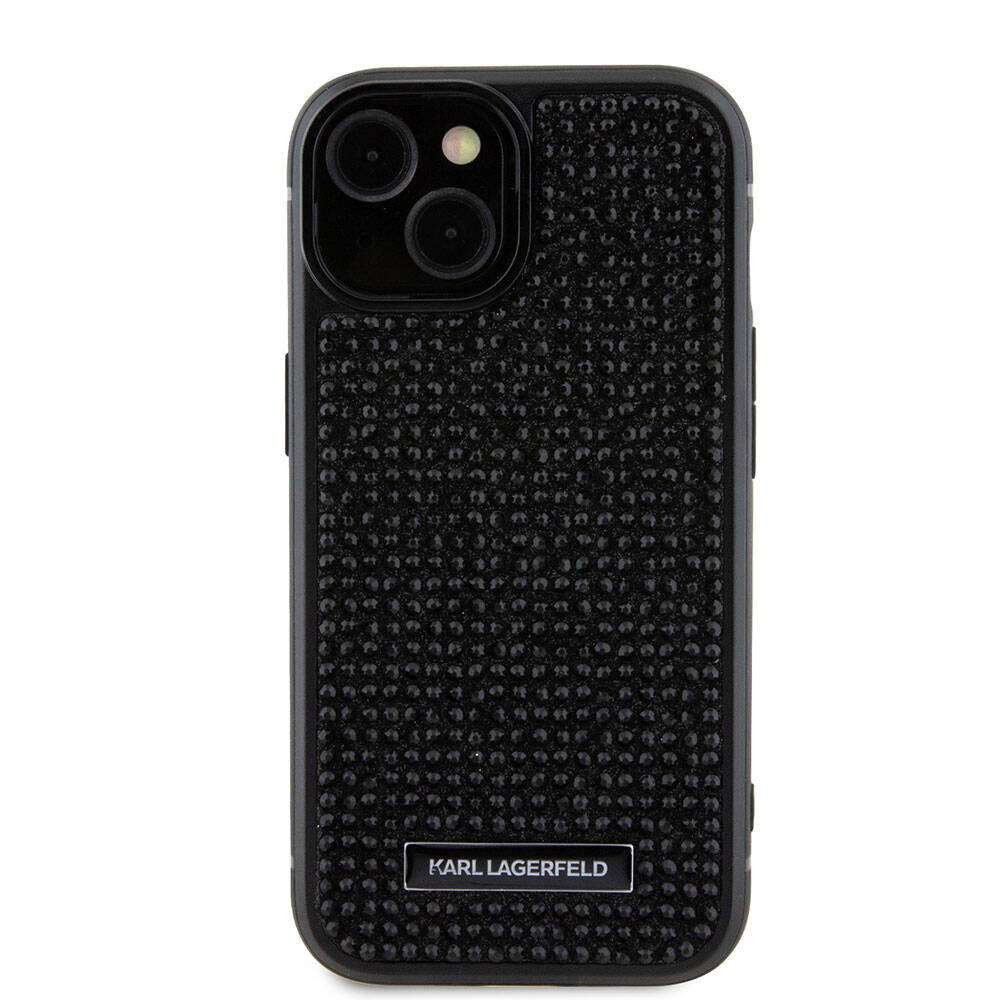 Apple iPhone 15 Plus Kılıf Karl Lagerfeld Taşlı Metal Logo Orjinal Lisanslı Kapak Siyah