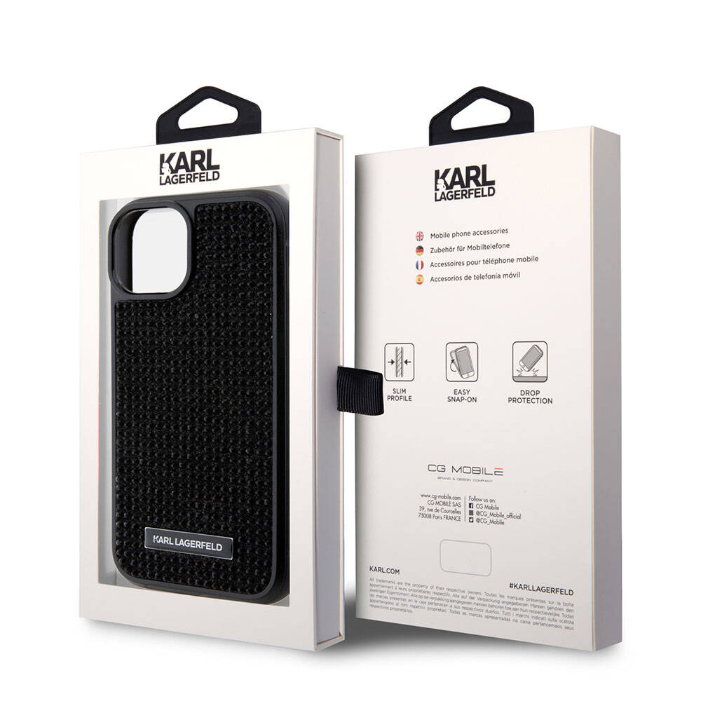 Apple iPhone 15 Plus Kılıf Karl Lagerfeld Taşlı Metal Logo Orjinal Lisanslı Kapak Siyah