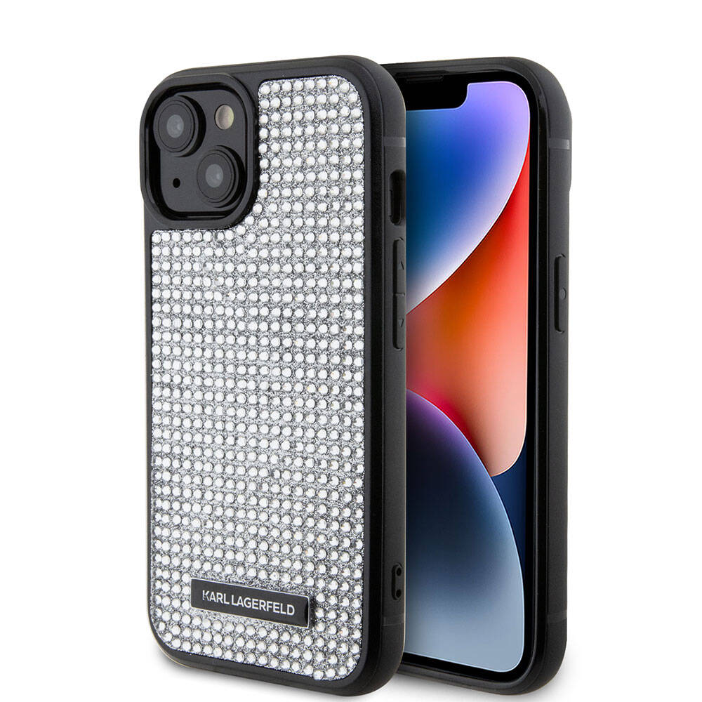 Apple iPhone 15 Plus Kılıf Karl Lagerfeld Taşlı Metal Logo Orjinal Lisanslı Kapak Siyah
