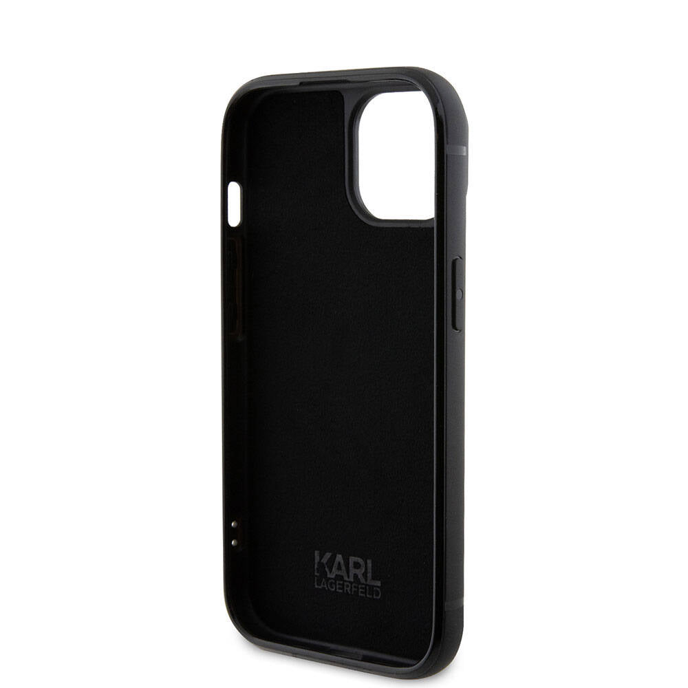 Apple iPhone 15 Plus Kılıf Karl Lagerfeld Taşlı Metal Logo Orjinal Lisanslı Kapak Siyah