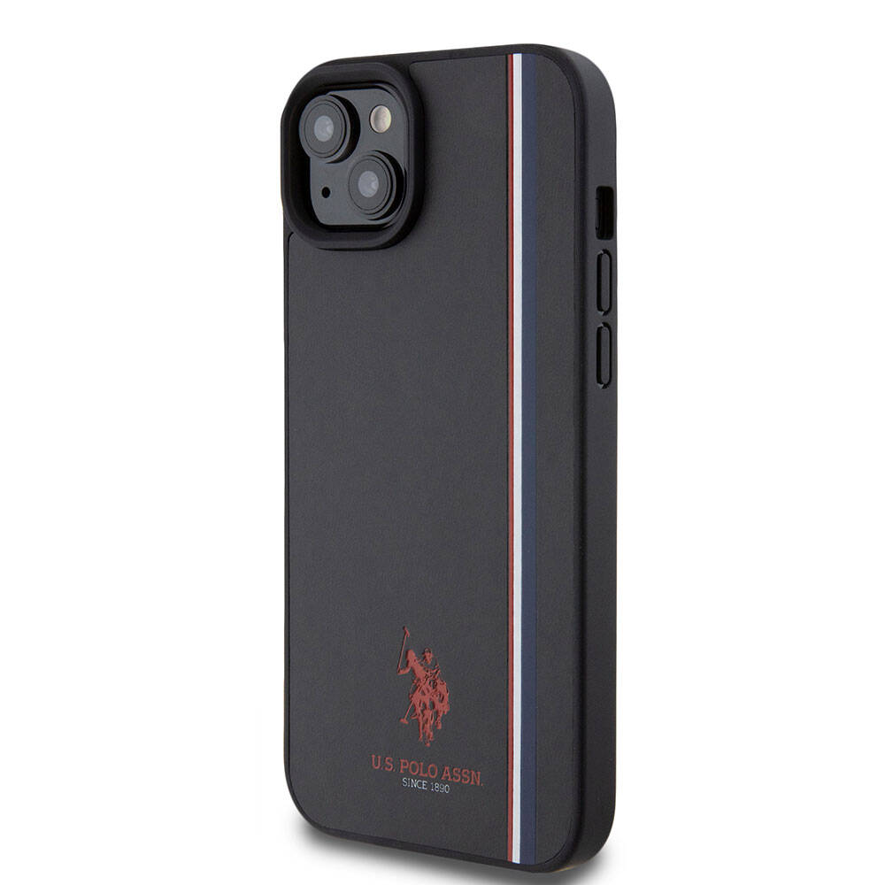 Apple iPhone 15 Plus Kılıf U.S. Polo Assn. Orjinal Lisanslı Üç Renk Şerit Tasarımlı Baskı Logolu Kapak Siyah