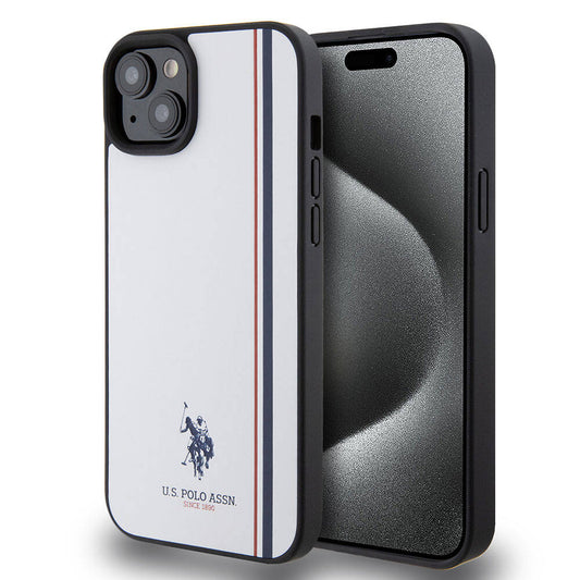Apple iPhone 15 Plus Kılıf U.S. Polo Assn. Orjinal Lisanslı Üç Renk Şerit Tasarımlı Baskı Logolu Kapak Beyaz