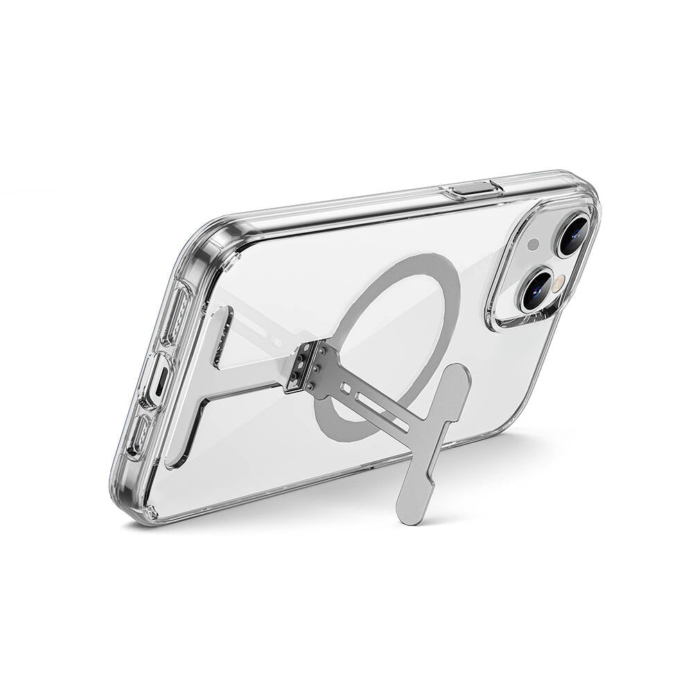 Apple iPhone 15 Plus Kılıf Wiwu FYY-014 M-safe Şarj Özellikli Alüminyum Alaşım Metal Standlı Şeffaf Kapak Renksiz