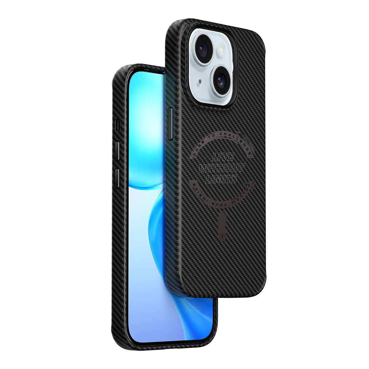 Apple iPhone 15 Plus Kılıf Wiwu LCC-107 Karbon Fiber M-safe Şarj Özellikli Kamera Korumalı Kabon Kapak Siyah