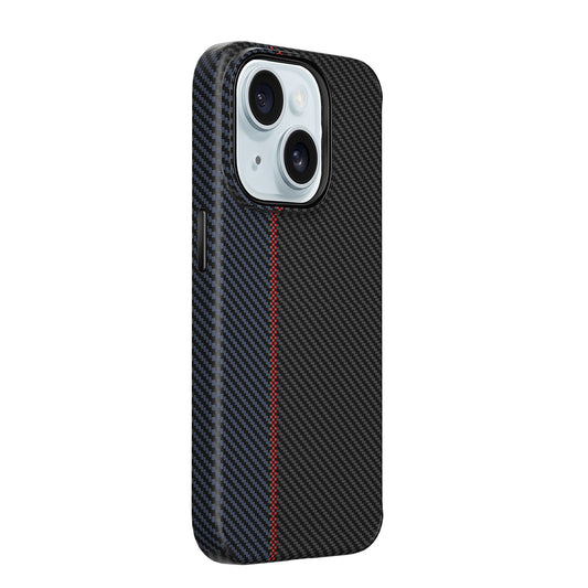 Apple iPhone 15 Plus Kılıf Wiwu LCC-107 Karbon Fiber M-safe Şarj Özellikli Kamera Korumalı Kabon Kapak Siyah-Mavi