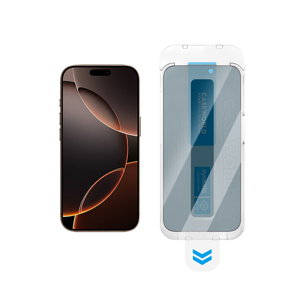 Apple iPhone 15 Pro CaseWorld Applicator Serisi 2.5D Eyesafe Mavi Işık Teknolojili 0.33mm Privacy Temperli Cam Ekran Koruyucu + Uygulama Aparatı Siyah