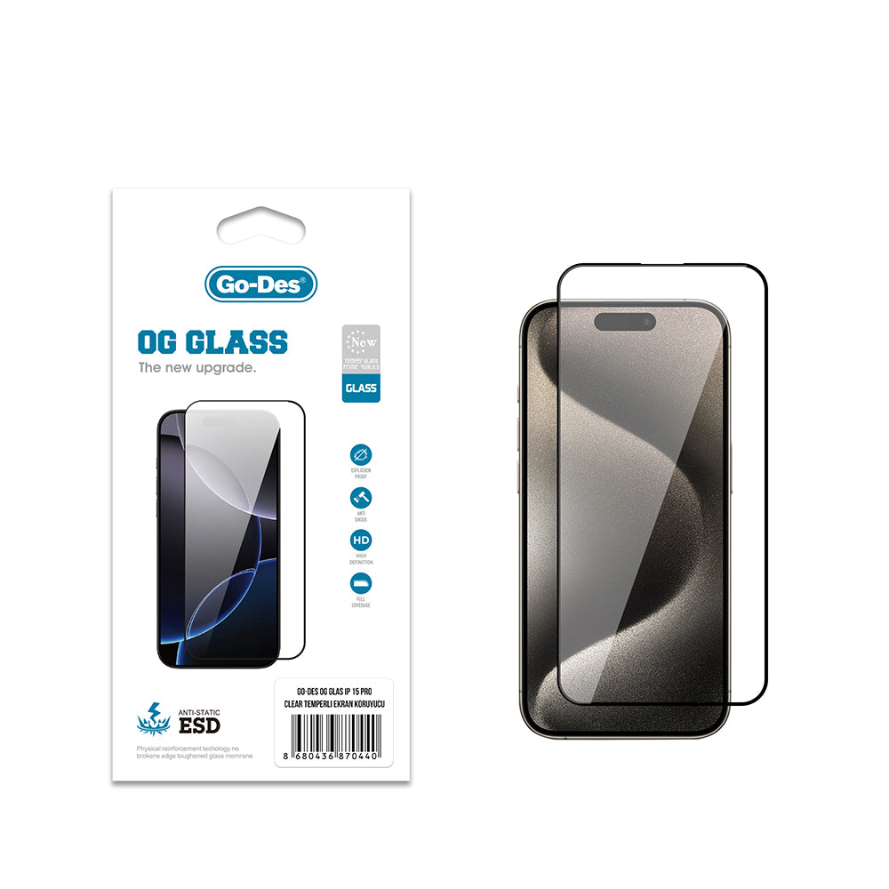 Apple iPhone 15 Pro Go Des OG Glass Antistatik Temperli Cam Ekran Koruyucu Şeffaf