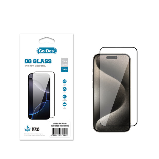 Apple iPhone 15 Pro Go Des OG Glass Antistatik Temperli Cam Ekran Koruyucu Şeffaf