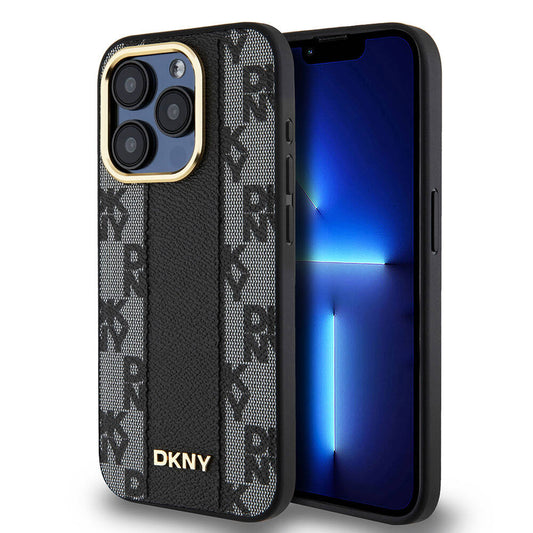 Apple iPhone 15 Pro Kılıf DKNY Orjinal Lisanslı M-safe Şarj Özellikli 3D Yazılı Checkered Pattern Kapak Siyah
