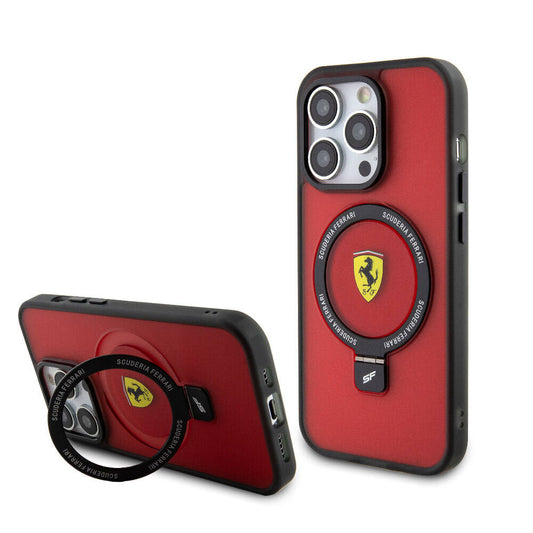 Apple iPhone 15 Pro Kılıf Ferrari M-safe Şarj Özellikli Standlı Buzlu Yüzey Dizayn Kapak Kırmızı