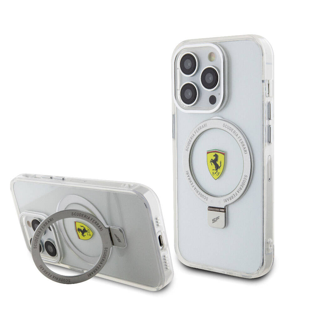 Apple iPhone 15 Pro Kılıf Ferrari M-safe Şarj Özellikli Standlı Buzlu Yüzey Dizayn Kapak Gümüş