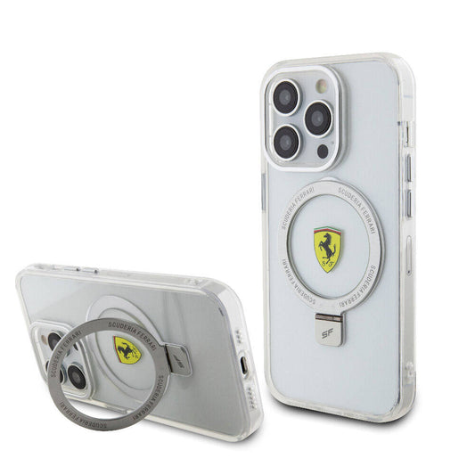 Apple iPhone 15 Pro Kılıf Ferrari M-safe Şarj Özellikli Standlı Buzlu Yüzey Dizayn Kapak Gümüş