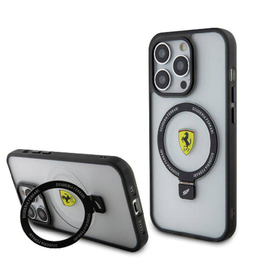 Apple iPhone 15 Pro Kılıf Ferrari M-safe Şarj Özellikli Standlı Buzlu Yüzey Dizayn Kapak Siyah
