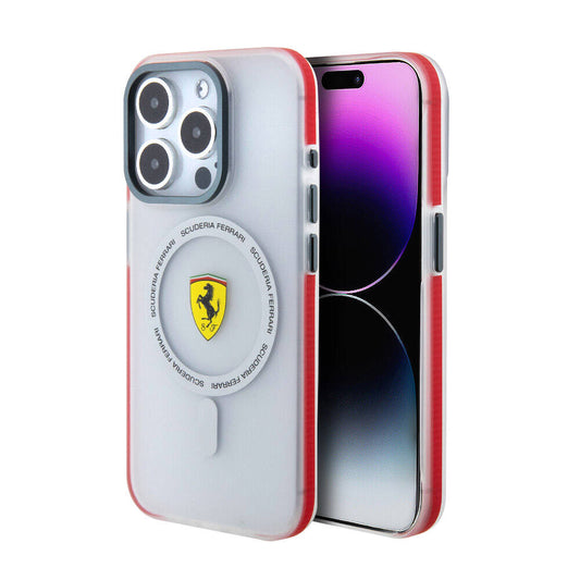 Apple iPhone 15 Pro Kılıf Ferrari Orjinal Lisanslı M-safe Şarj Özellikli Kontrast Bumper SF Ring Kapak Kırmızı