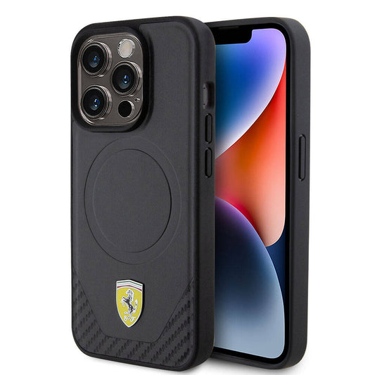 Apple iPhone 15 Pro Kılıf Ferrari Orjinal Lisanslı M-safe Şarj Özellikli Metal Logolu PU Karbon Kapak Siyah