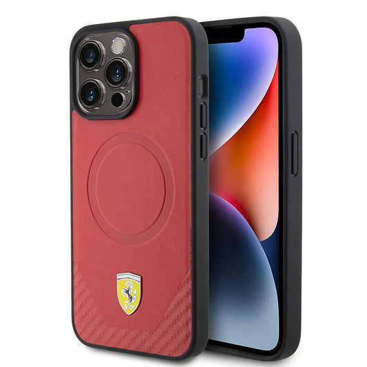 Apple iPhone 15 Pro Kılıf Ferrari Orjinal Lisanslı M-safe Şarj Özellikli Metal Logolu PU Karbon Kapak Kırmızı